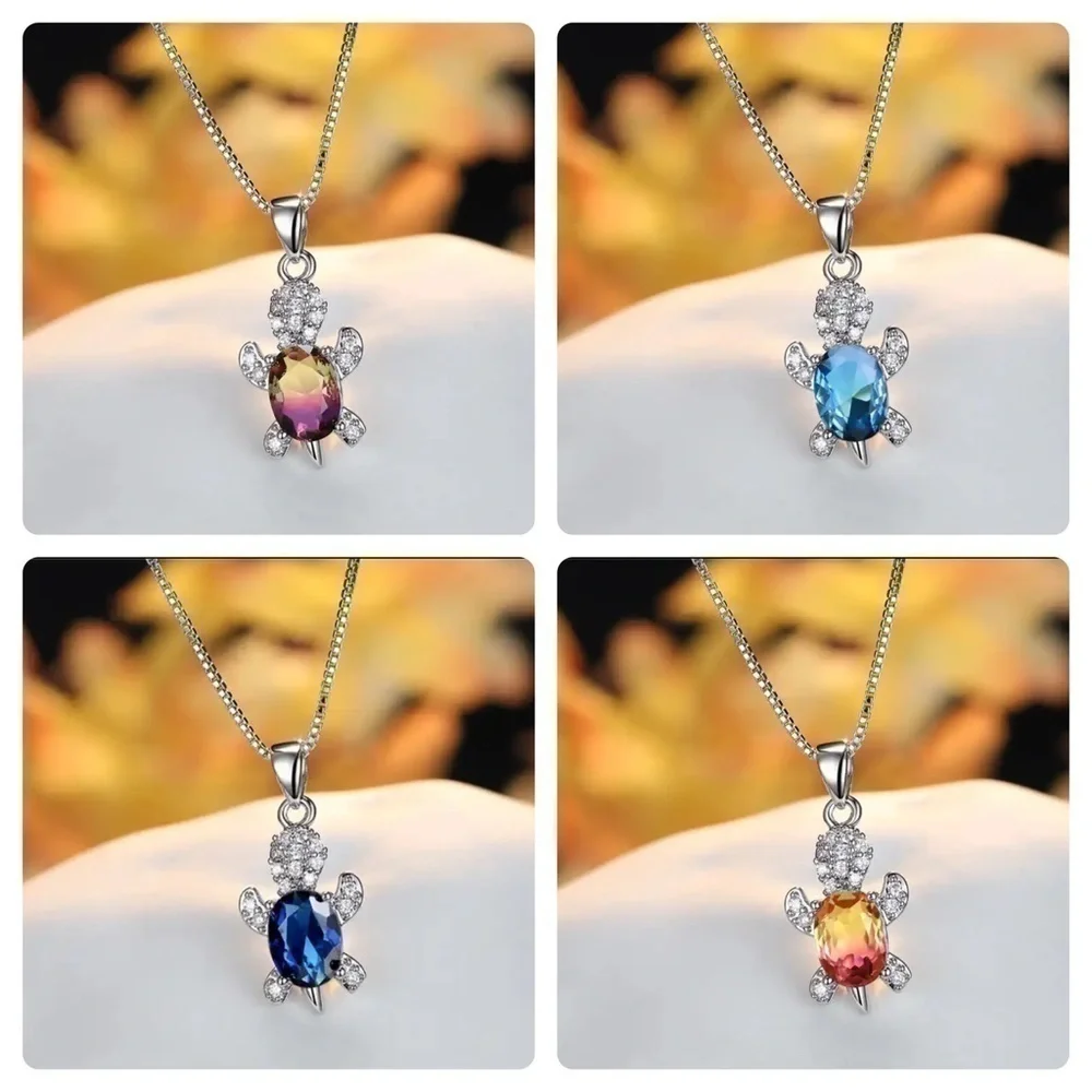 “Just Keep Swimming” Champagne Pink Turtle Diamond Sterling Silver Gift Necklace - Picture 6 of 12